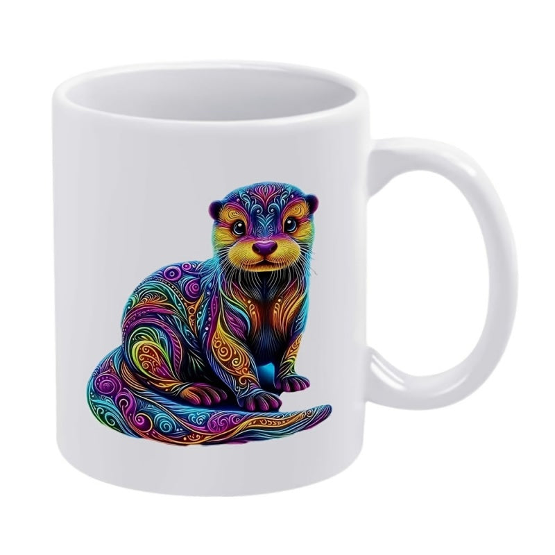 Tailorly White Ceramic 11 oz Mug - Vibrant Colorful Mandala Patterns Covering A Playful Aquatic Mammal Otter