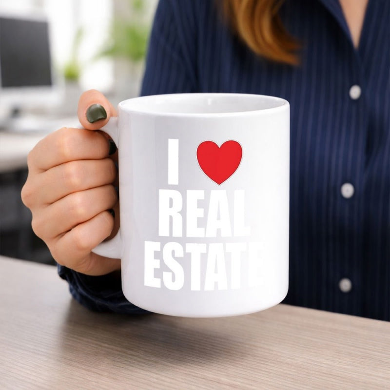 Tailorly White Ceramic 11 oz Mug - I Love Real Estate Simple Bold Red Heart Symbol Floating Above Large White Text Heart