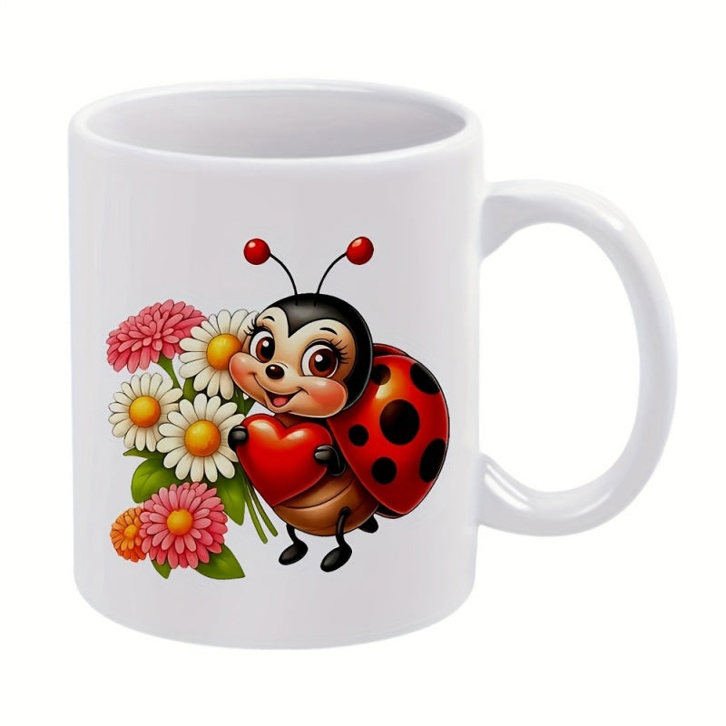 Tailorly White Ceramic 11 oz Mug - Cheerful Cartoon Insect Carrying Heart Among Brightly Colored Spring Flowers Ladybug