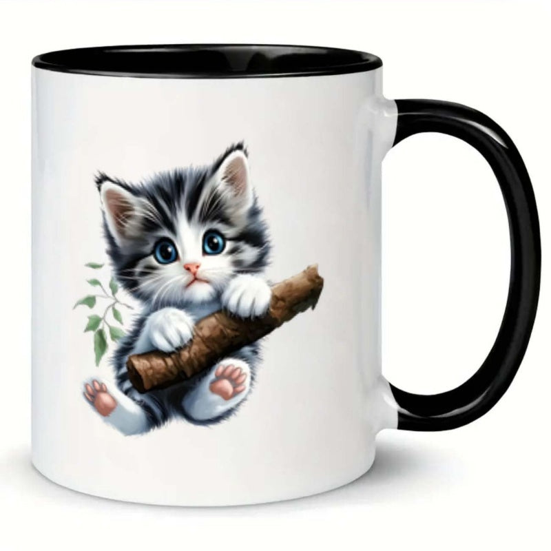 Tailorly Black Accent 11 oz Mug - kitten branch leaves