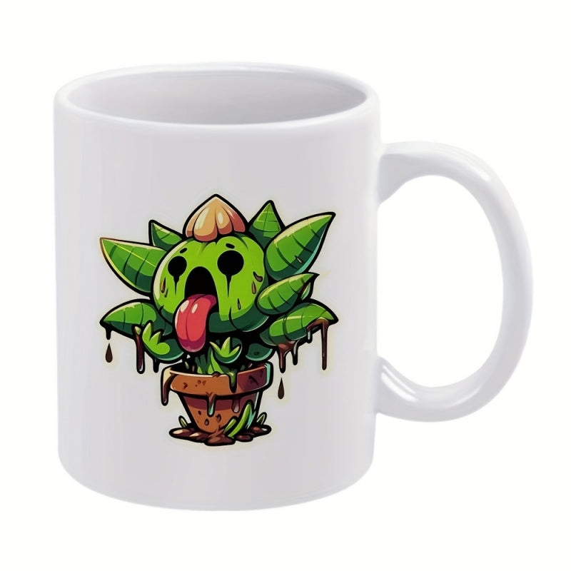 Tailorly White Ceramic 11 oz Mug - Cartoon Green Slime Dripping From Small Brown Terracotta Pot Monster