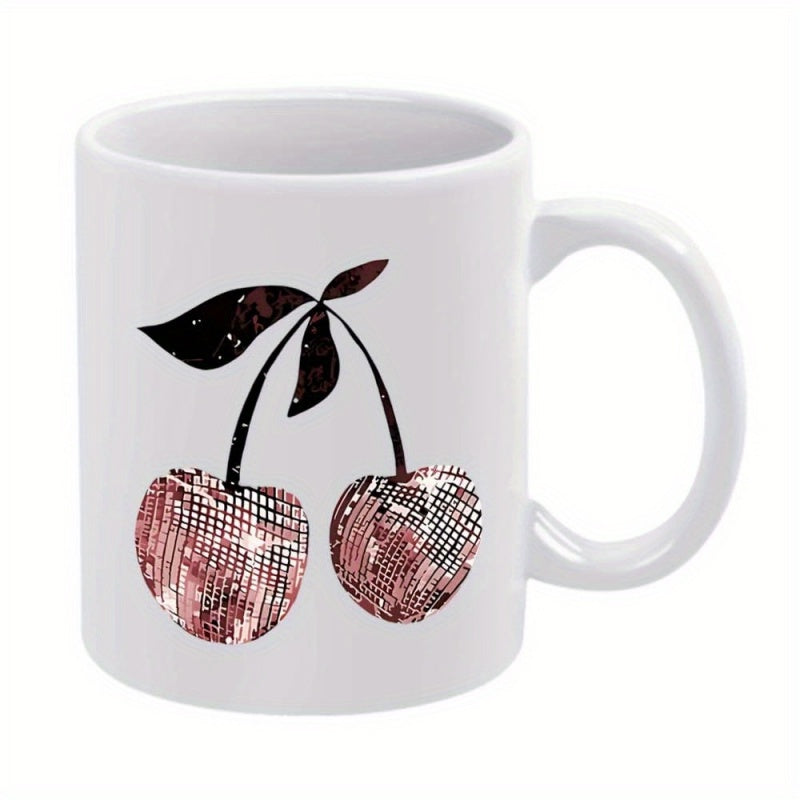 Tailorly White Ceramic 11 oz Mug - Glittering Rose Gold Sequined Disco Ball Design Featuring Elegant Stems And Leaves Cherry