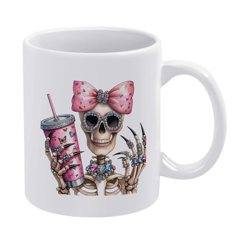 Tailorly White Ceramic 11 oz Mug - Girly Character Wearing Pink Bow And Sunglasses Holding Decorative Butterfly Tumbler Skeleton