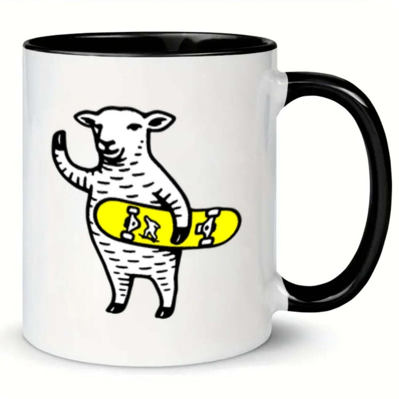 Tailorly Black Accent 11 oz Mug - sheep skateboard waving