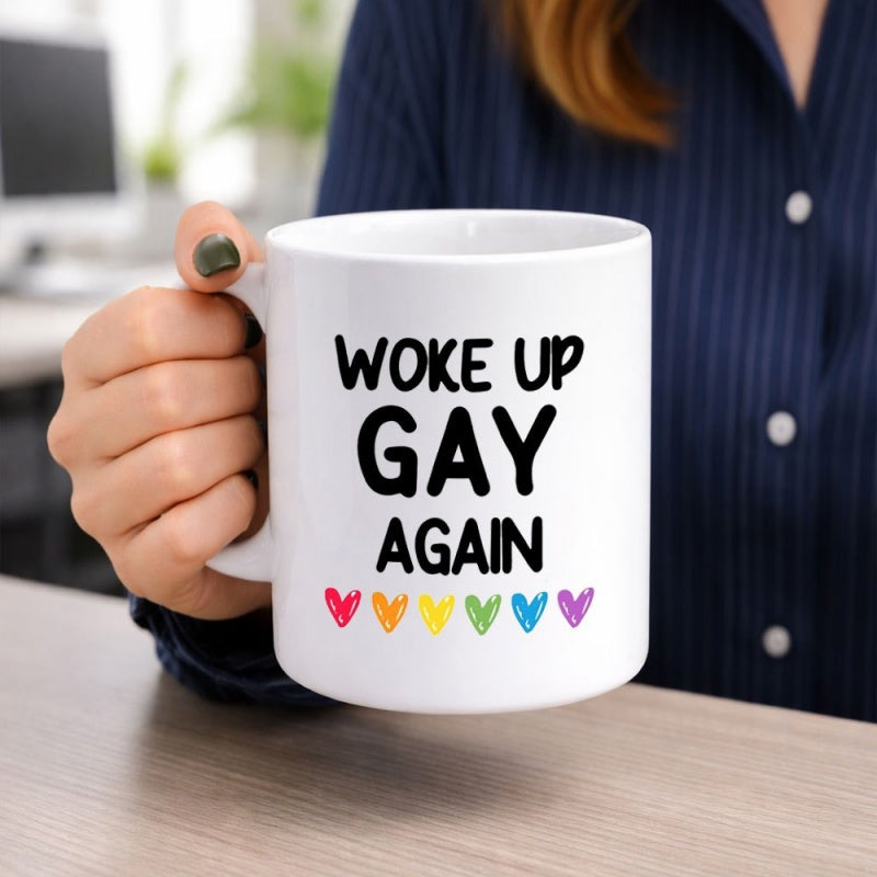 Tailorly White Ceramic 11 oz Mug - Woke Up Gay Again Vibrant Colorful Rainbow Pride Hearts Arranged In A Neat Horizontal Row Heart