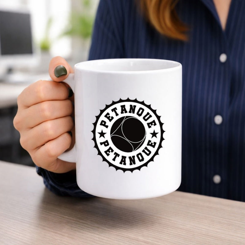 Tailorly White Ceramic 11 oz Mug - Petanque Circular Vintage Sport Seal Featuring A Classic Metal Boule And Stars Badge