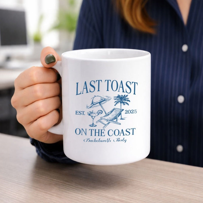 Tailorly White Ceramic 11 oz Mug - Last Toast On The Coast Bachelorette Party Relaxing Beach Chair Under Sunny Umbrella Beside Tropical Palm Tree