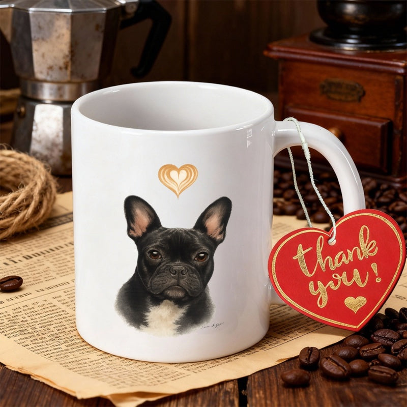 Tailorly White Ceramic 11 oz Mug - Adorable French Bulldog Portrait With Golden Heart Above On Ceramic Mug