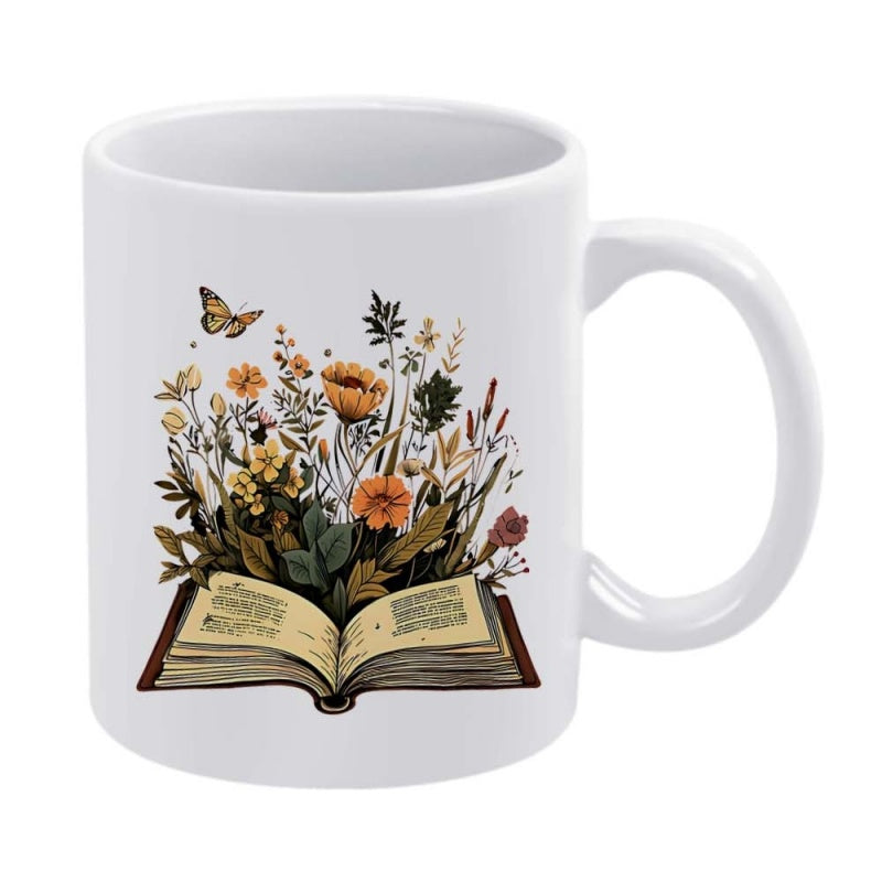 Tailorly White Ceramic 11 oz Mug - Vintage Wildflowers And Delicate Butterfly Blooming From An Antique Open Book