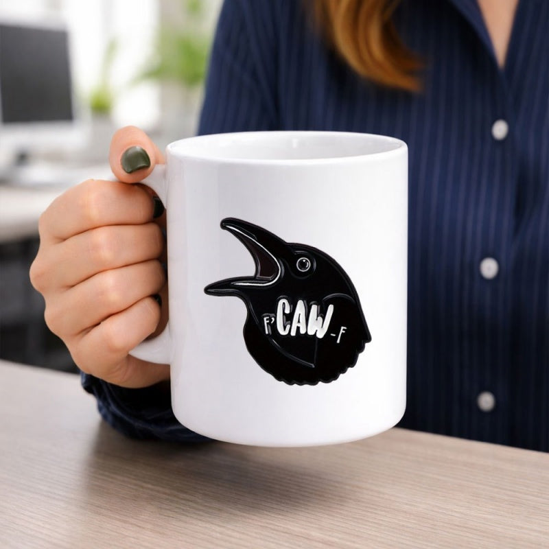 Tailorly White Ceramic 11 oz Mug - Caw Silhouette Of A Screaming Black Bird With Open Beak Crow