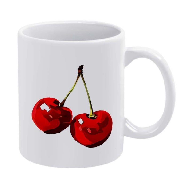 Tailorly White Ceramic 11 oz Mug - Vibrant Red Summer Fruit Hanging From Simple Green Stems Cherry