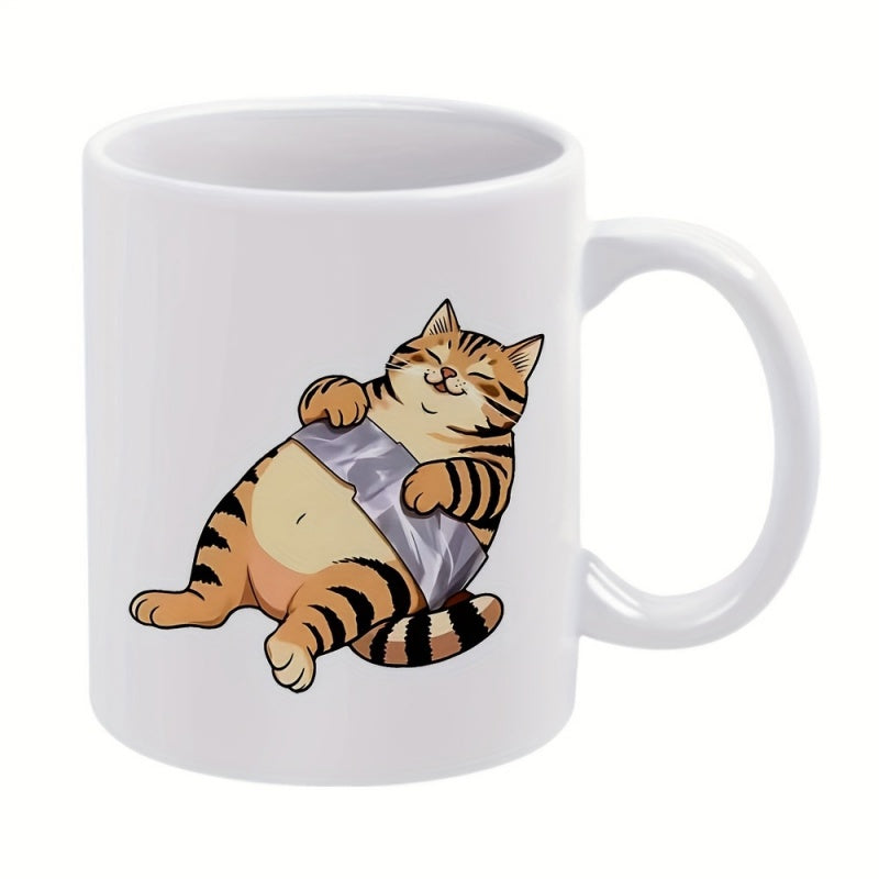 Tailorly White Ceramic 11 oz Mug - Chubby Striped Tabby Kitten Lying Down With Silver Tape Cat