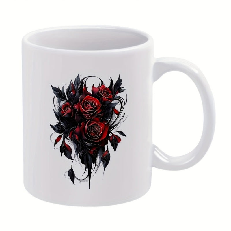 Tailorly White Ceramic 11 oz Mug - Dark Red Gothic Style Floral Arrangement With Elegant Black Thorny Leaves Rose