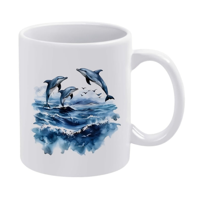 Tailorly White Ceramic 11 oz Mug - Majestic Blue Creatures Jumping Above Deep Ocean Waves With Splashing Foam Dolphin