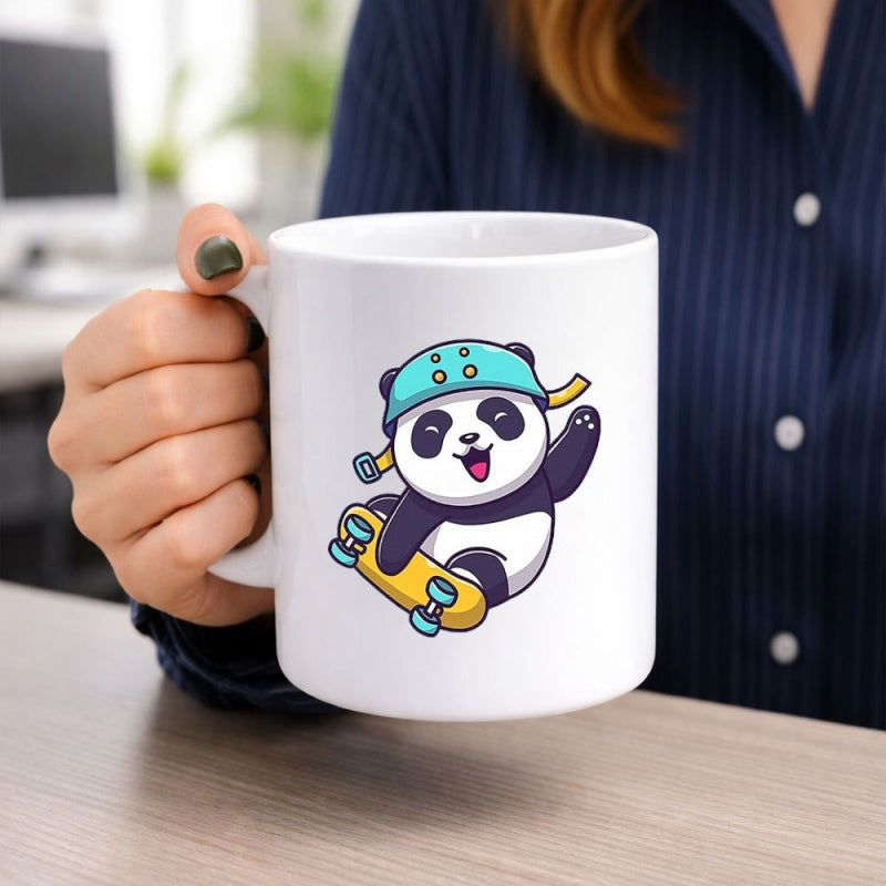 Tailorly White Ceramic 11 oz Mug - Cute Cartoon Animal Wearing Helmet On Yellow Skateboard Panda