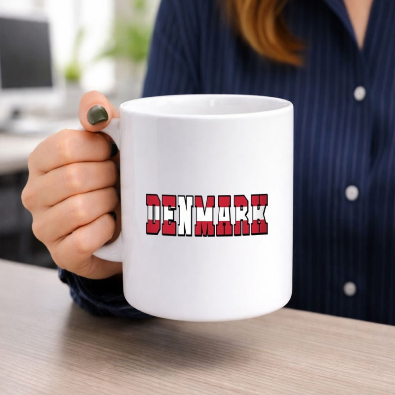 Tailorly White Ceramic 11 oz Mug - Denmark Bold Block Letters Featuring Red And White National Flag Pattern Mug