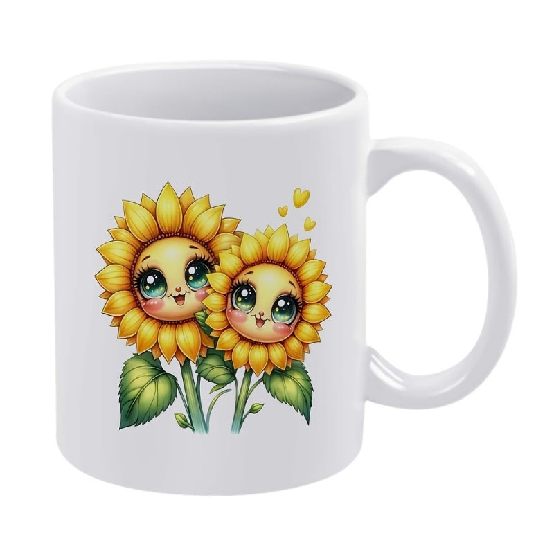 Tailorly White Ceramic 11 oz Mug - Adorable Smiling Sunflowers With Large Sparkling Eyes And Small Yellow Hearts Sunflower