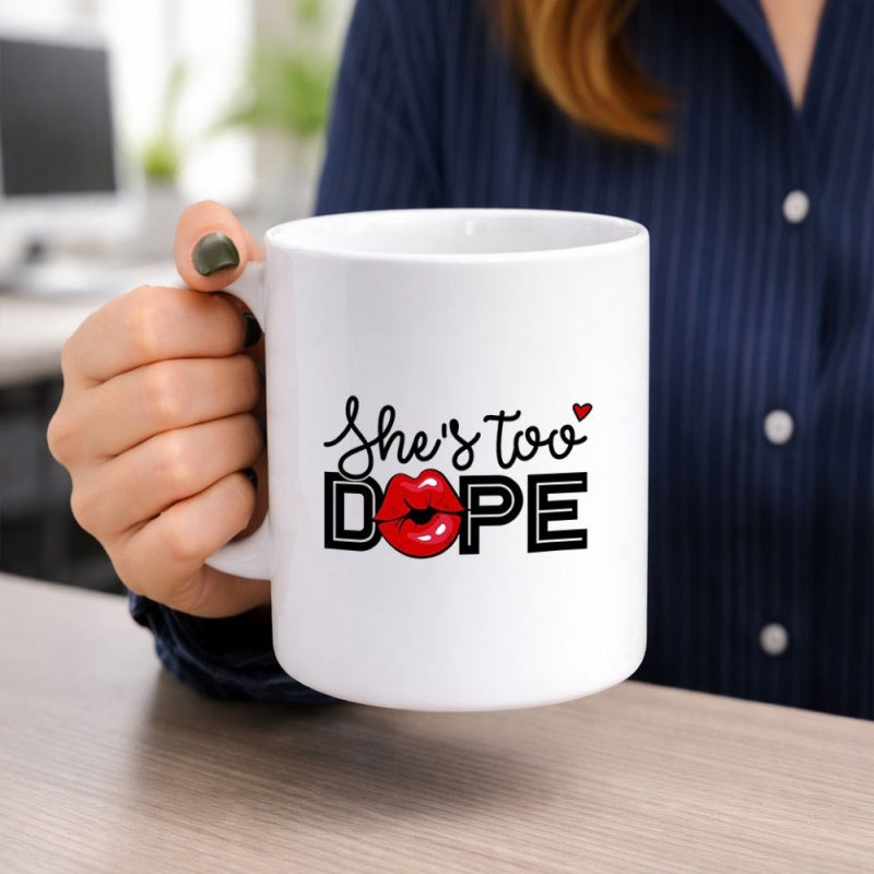 Tailorly White Ceramic 11 oz Mug - She's Too Dope Red Kissing Lips With Artistic Heart Shaped Minimalist Graphic Lips
