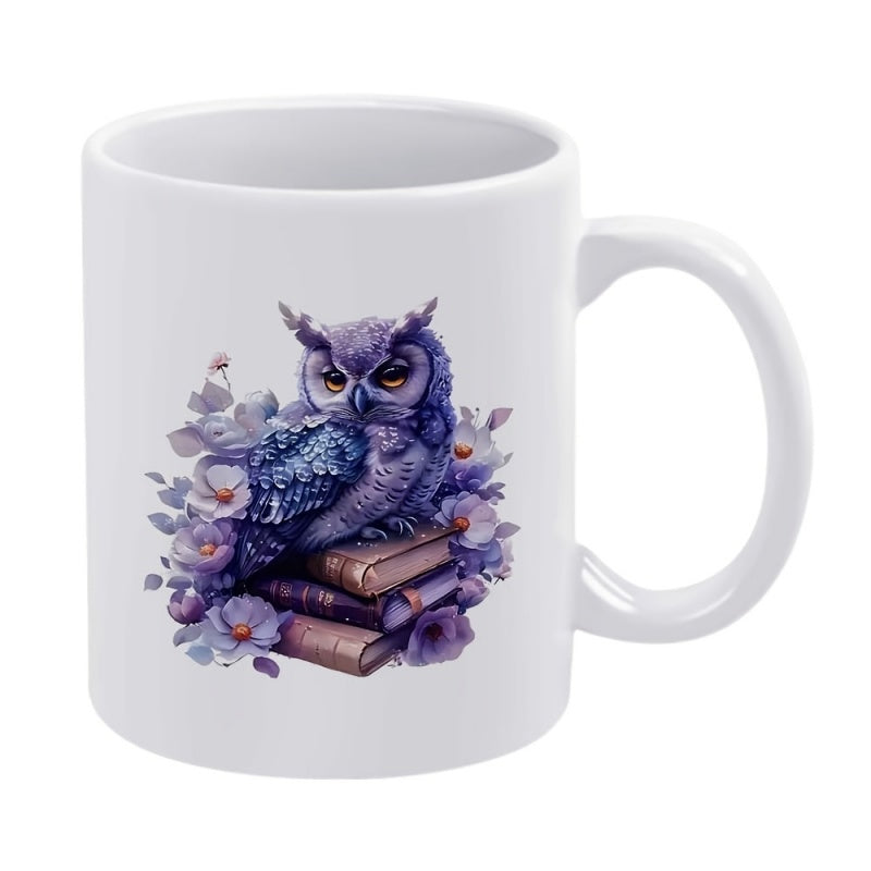 Tailorly White Ceramic 11 oz Mug - Mystic Purple Bird Perched Atop Old Antique Books With Blossoms Owl