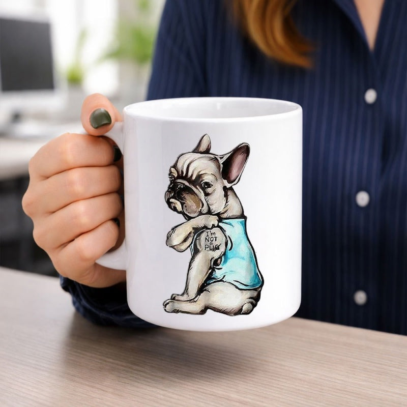 Tailorly White Ceramic 11 oz Mug - Mom Strong Sitting Dog Wearing Blue Shirt With Heart Tattoo French Bulldog