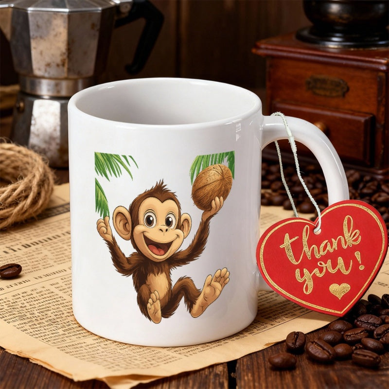 Tailorly White Ceramic 11 oz Mug - Thank You Cartoon Brown Primate Swinging With A Brown Coconut And Tropical Leaves Monkey