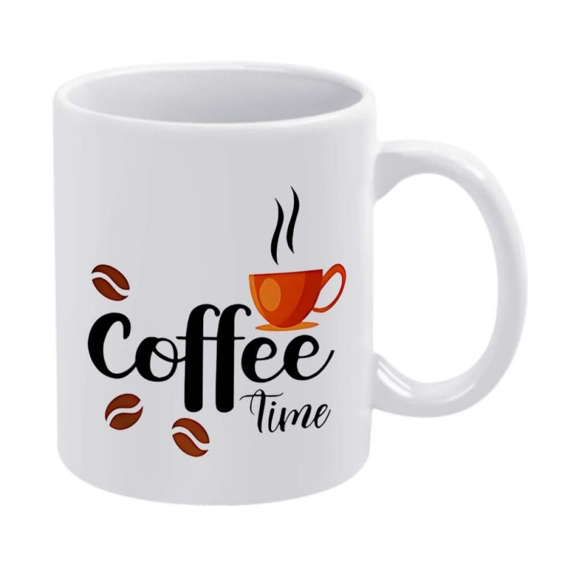 Tailorly White Ceramic 11 oz Mug - Coffee Time Steaming Orange Cup With Scattered Brown Beans Around The Center Mug