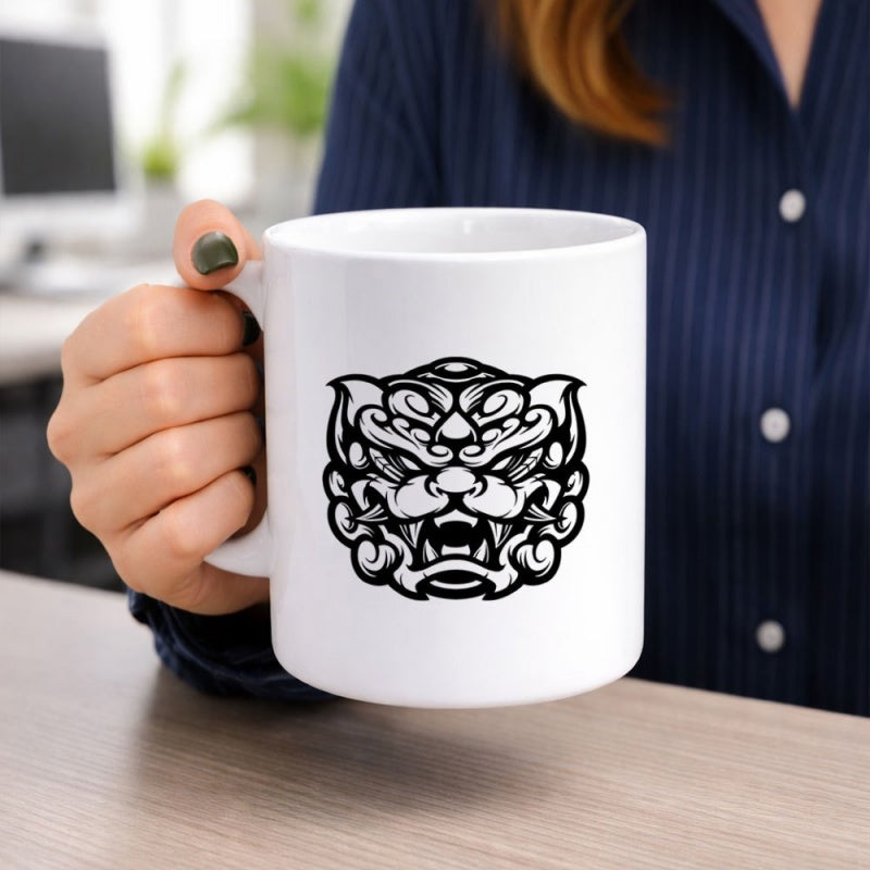 Tailorly White Ceramic 11 oz Mug - Intricate Oriental Guardian Style With Bold Black Line Art Beast