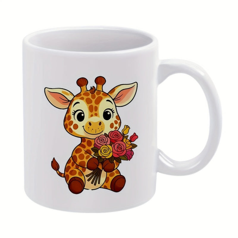 Tailorly White Ceramic 11 oz Mug - Adorable Cartoon Animal Holding A Colorful Bouquet Of Roses Sitting Giraffe