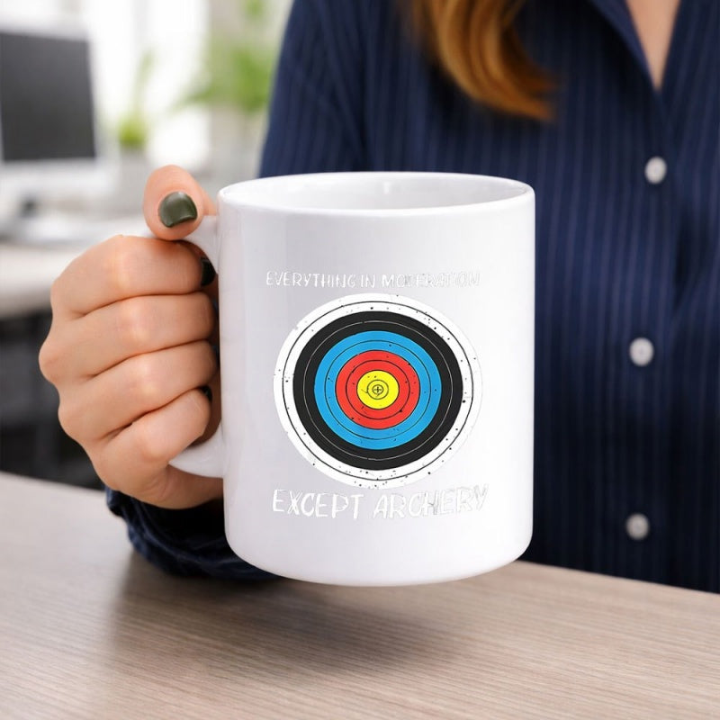 Tailorly White Ceramic 11 oz Mug - Everything Is Pointless Except Archery Vibrant Concentric Circular Patterns With Yellow Center And Bold Color Rings Target