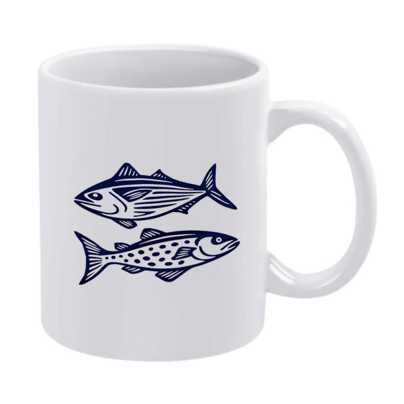 Tailorly White Ceramic 11 oz Mug - Detailed Woodcut Style Marine Life Swimming In Deep Sea Blue Fish