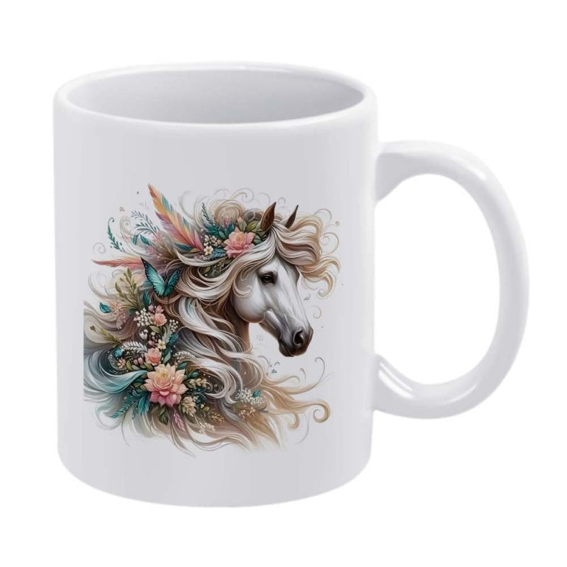 Tailorly White Ceramic 11 oz Mug - Majestic White Stallion With Mane Adorned By Delicate Pastel Flowers And Feathers Horse