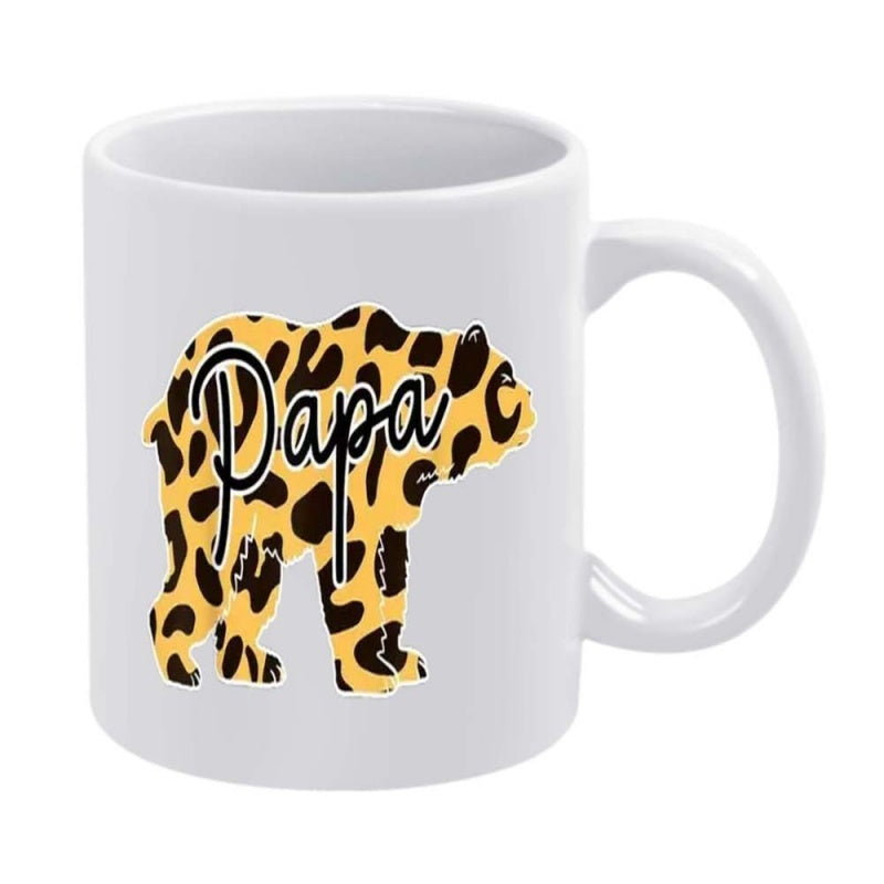 Tailorly White Ceramic 11 oz Mug - Papa Wild Leopard Pattern Inside A Walking Forest Animal Silhouette Bear