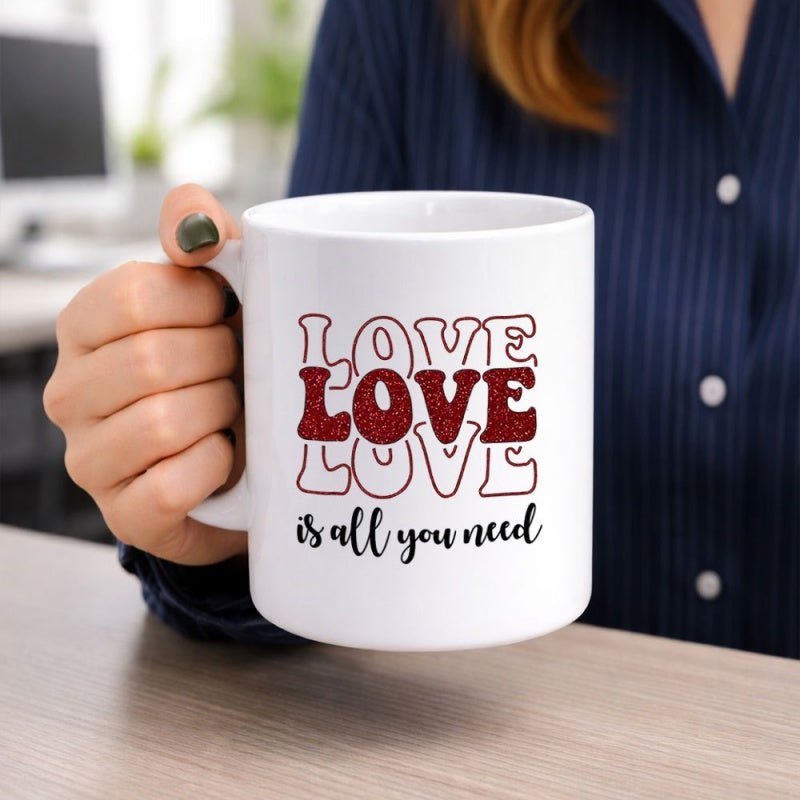 Tailorly White Ceramic 11 oz Mug - Love Love Love Is All You Need Wavy Retro Red Glitter Lettering Featuring Simple Minimalist Ceramic Drinkware Mug