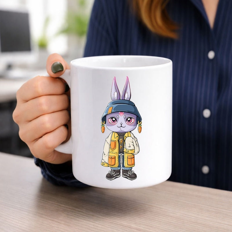 Tailorly White Ceramic 11 oz Mug - Charming Cartoon Rabbit Wearing Urban Tactical Streetwear Fashion And Boots Rabbit