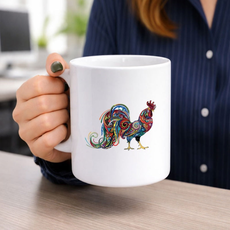 Tailorly White Ceramic 11 oz Mug - Artistic Colorful Swirling Zentangle Patterns On A Proud Standing Rooster