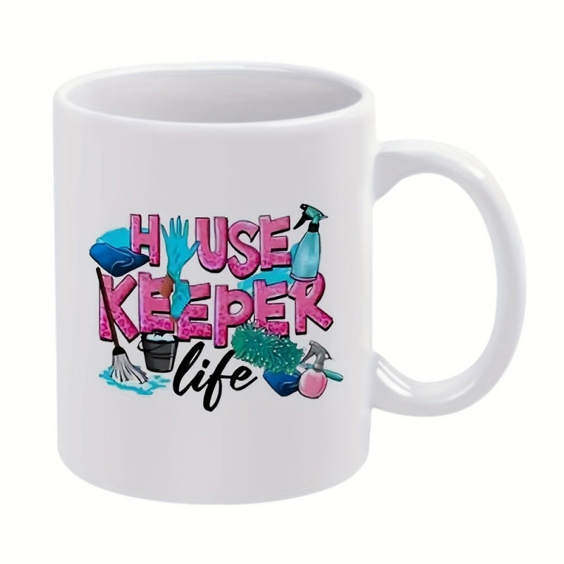 Tailorly White Ceramic 11 oz Mug - House Keeper Life Professional Cleaning Tools With Blue Gloves And Pink Spray Bottles Supplies
