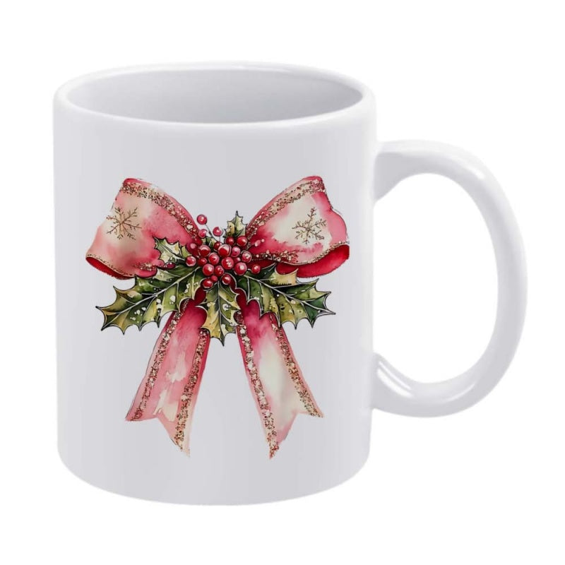 Tailorly White Ceramic 11 oz Mug - Festive Watercolor Christmas Style With Red Berries And Green Holly Leaves Bow