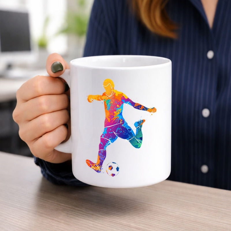 Tailorly White Ceramic 11 oz Mug - Colorful Abstract Watercolor Silhouette Kicking A Small Ball In Motion Action Soccer Player