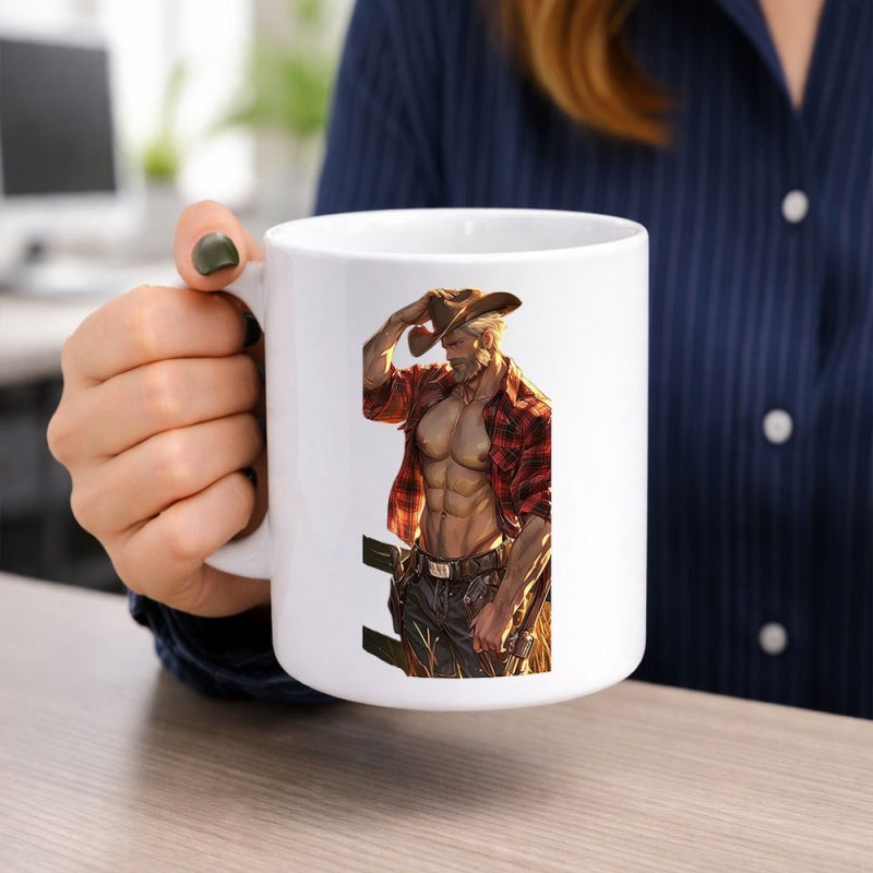 Tailorly White Ceramic 11 oz Mug - Muscular Masculine Figure Wearing Open Plaid Shirt And Hat Under Warm Sunlight Cowboy