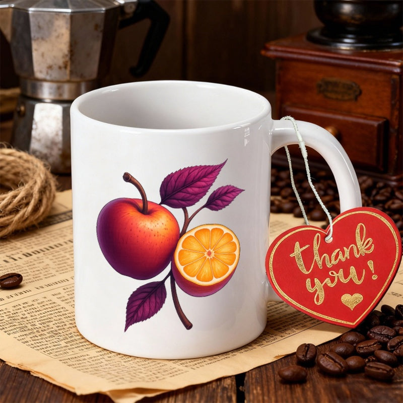 Tailorly White Ceramic 11 oz Mug - Thank You Vibrant Red Apple Combined With Sliced Orange And Leaves Fruit