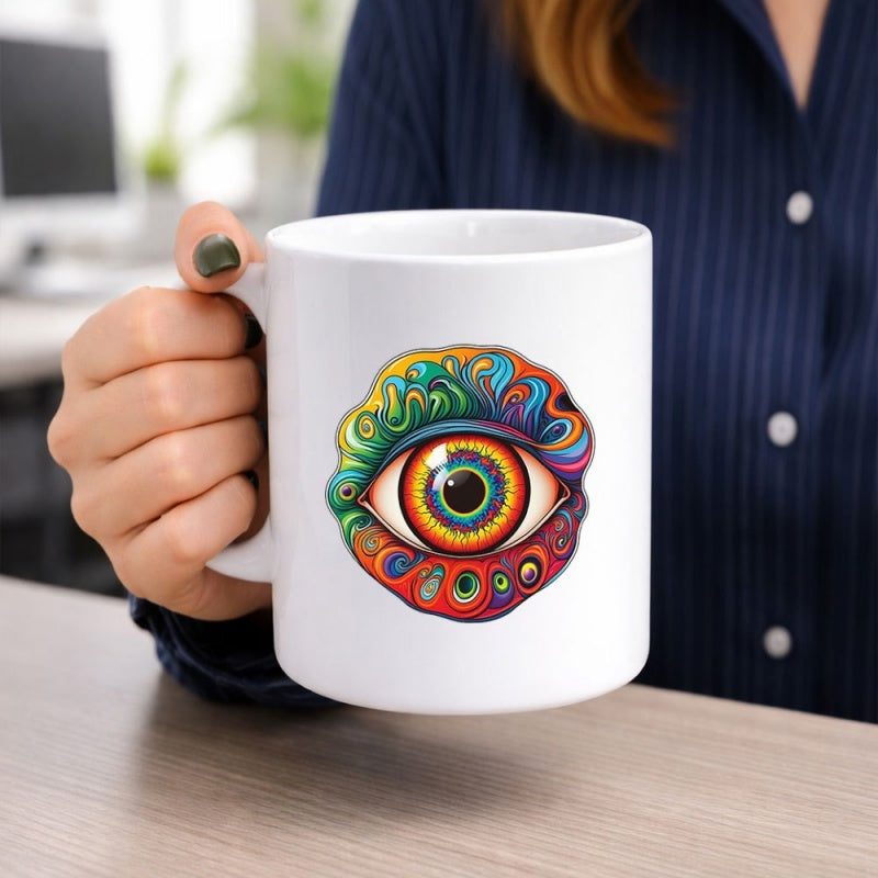 Tailorly White Ceramic 11 oz Mug - Colorful Swirling Psychedelic Abstract Patterns Surrounding A Vibrant Third Eye