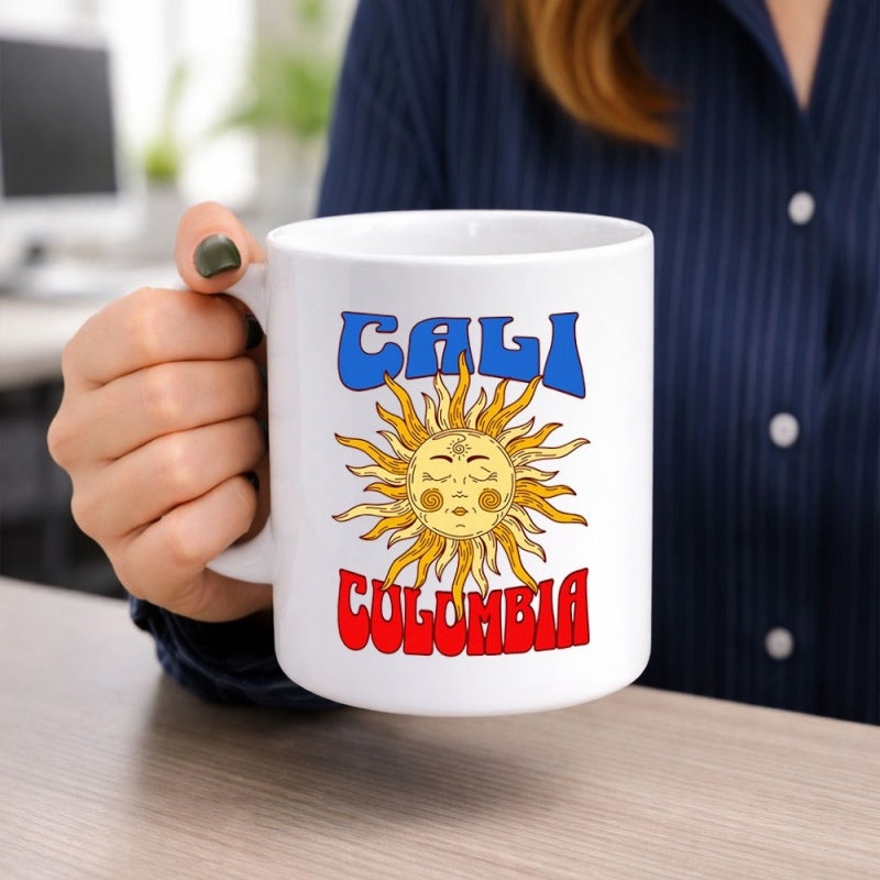 Tailorly White Ceramic 11 oz Mug - Cali Colombia Vintage Radiant Golden Celestial Face With Spreading Beams Sun