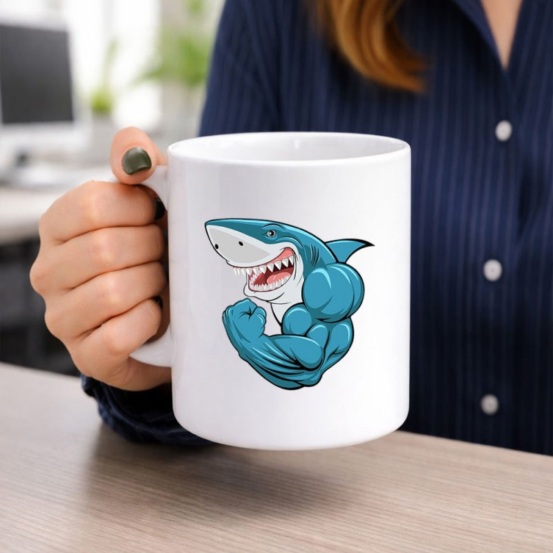 Tailorly White Ceramic 11 oz Mug - Muscular Blue Shark Showing Biceps With Friendly Smiling Expression Shark