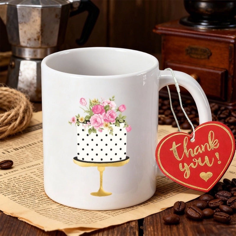 Tailorly White Ceramic 11 oz Mug - Thank You Polka Dot Pattern With Pink Roses Atop A Golden Pedestal Cake