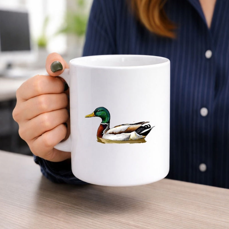 Tailorly White Ceramic 11 oz Mug - Graceful Wildlife Illustration Floating In Nature With Beautiful Vibrant Colors Duck
