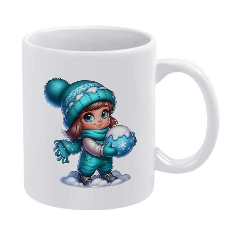 Tailorly White Ceramic 11 oz Mug - Winter Girl Wearing Blue Winter Outfit Holding Decorative Snowflake Snowball Girl