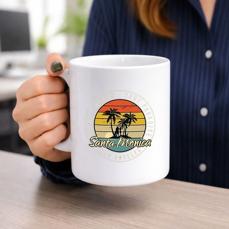 Tailorly White Ceramic 11 oz Mug - Santa Monica Surf Paradise Los Angeles Vintage Retro Circular Sunset With Silhouette Palm Trees On Tropical Beach Palm Tree