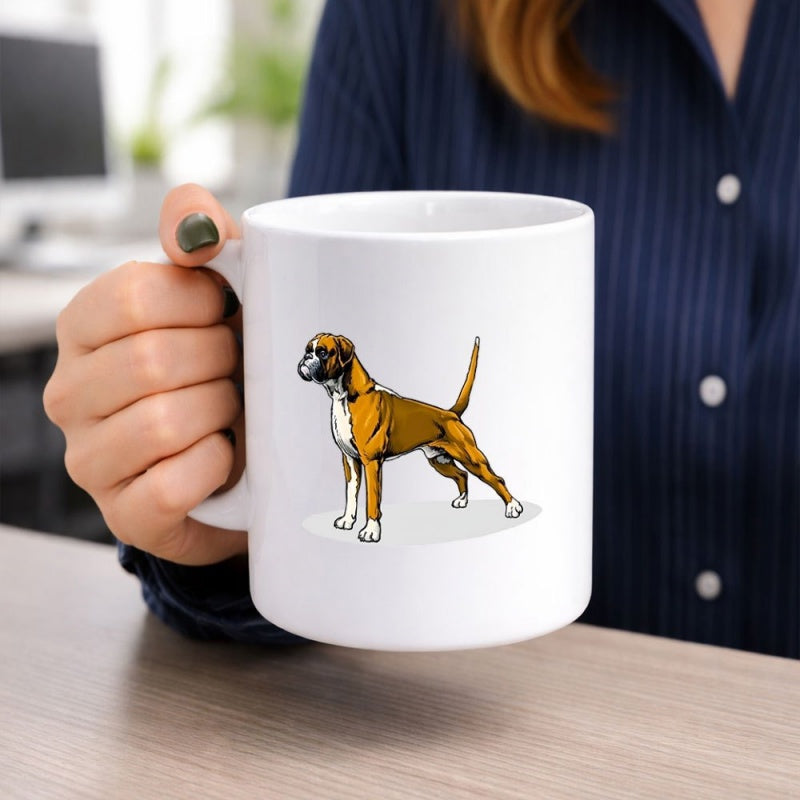 Tailorly White Ceramic 11 oz Mug - Muscular Brown And White Boxer Standing Alertly Against A Minimalist White Background Dog