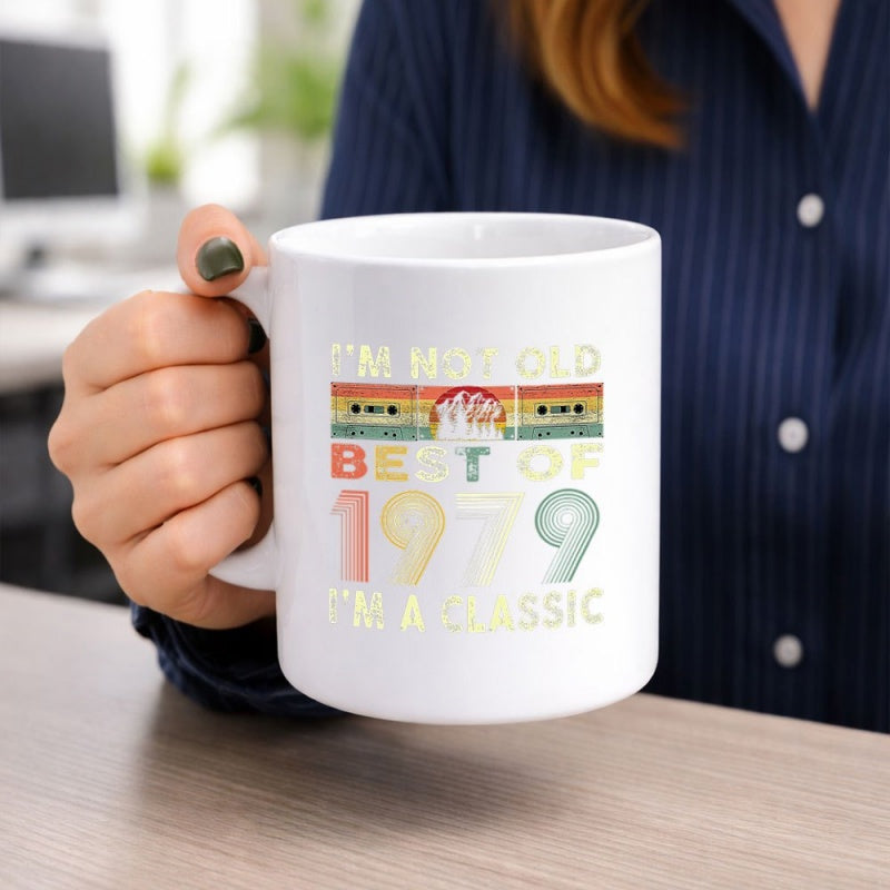 Tailorly White Ceramic 11 oz Mug - Im Not Old Best Of 1979 Im A Classic Retro Cassette Tape Among Colorful Sunset Stripes Cassette