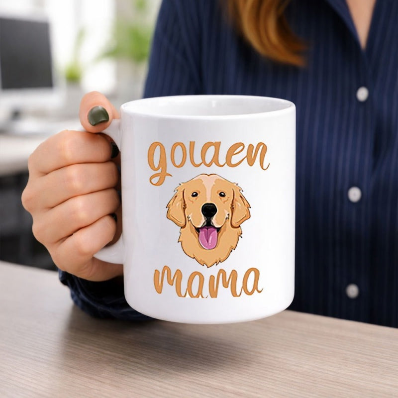 Tailorly White Ceramic 11 oz Mug - Golden Mama Smiling Golden Retriever Head With Friendly Tongue Out Detailed Furry Pet Dog